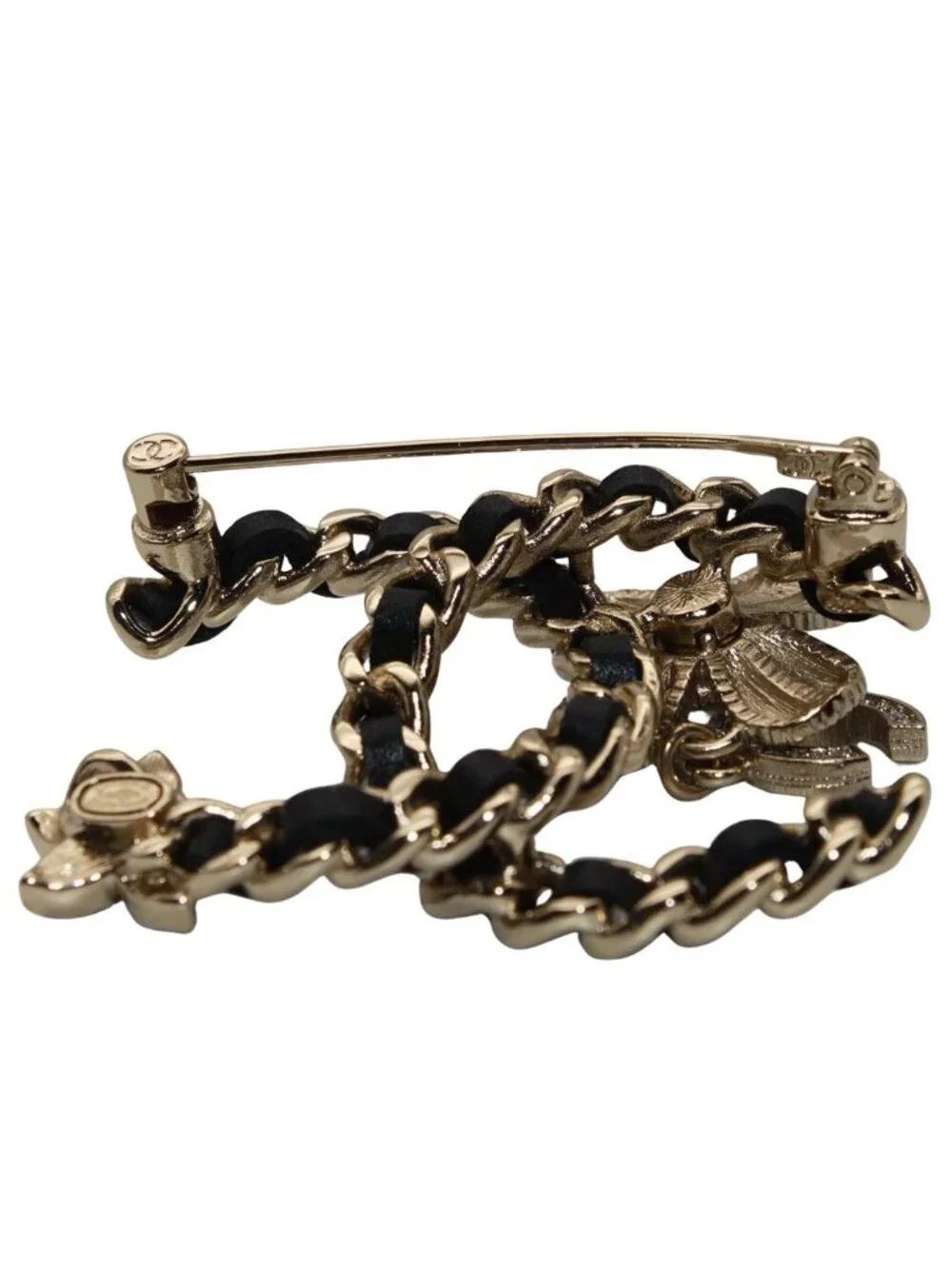 Chanel Brooch Metal Rhinestone CC Logo Black Gold Pearl Flower